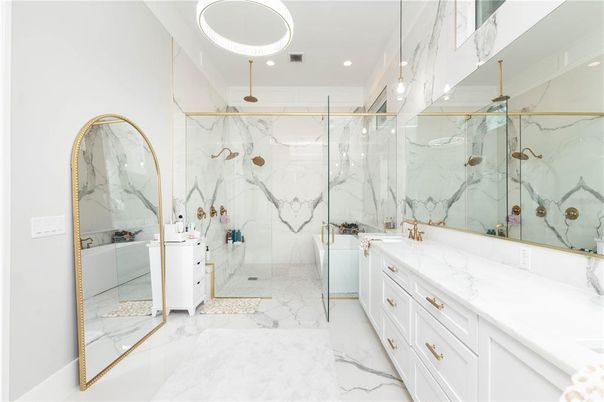 Bathroom, Glass Shower, Interior, Marble, Marble Walls, Pendant Lights, Recessed Lighting
