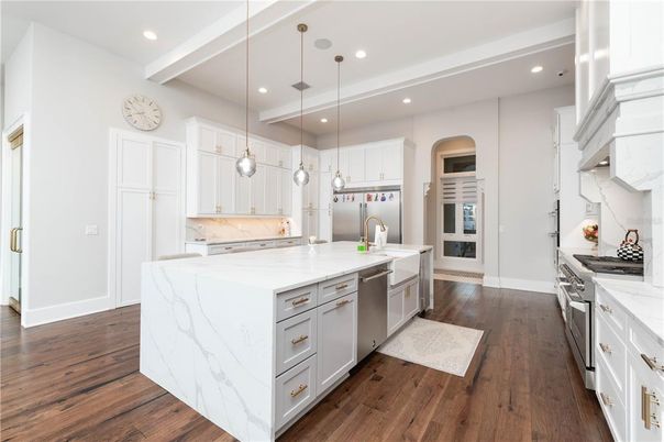 Interior, Kitchen, Pendant Lights, Recessed Lighting, Stainless Steel Appliances, Wood Texture Flooring