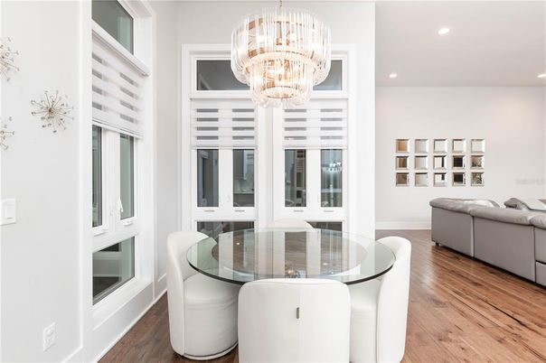 Chandelier, Dining room, Interior, Recessed Lighting, Wood Texture Flooring