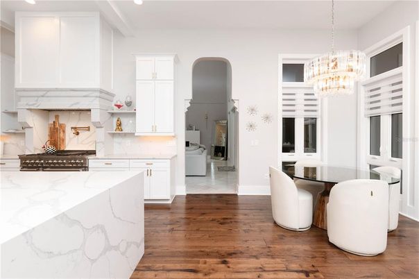 Chandelier, Dining room, Interior, Kitchen, Recessed Lighting, Wood Texture Flooring
