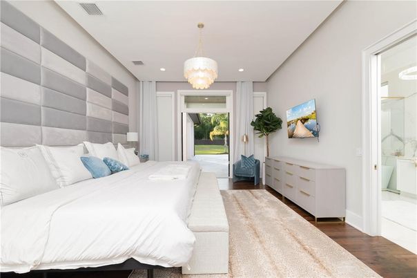 Bedroom, Chandelier, Interior, Recessed Lighting, Wood Texture Flooring