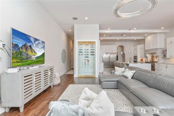 Interior, Kitchen, Living room, Pendant Lights, Recessed Lighting, Stainless Steel Appliances, Wood Texture Flooring