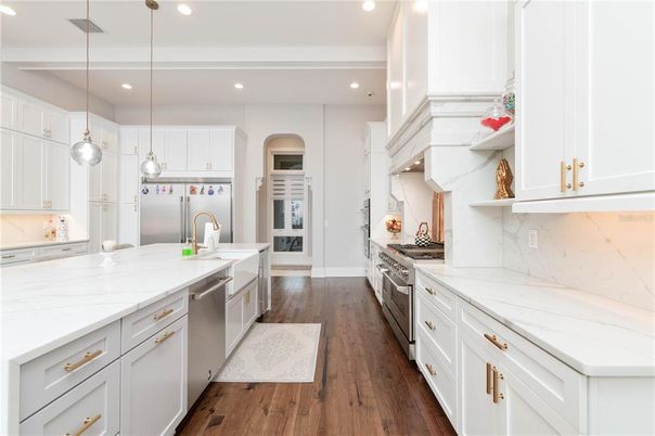 Interior, Kitchen, Pendant Lights, Recessed Lighting, Stainless Steel Appliances, Wood Texture Flooring