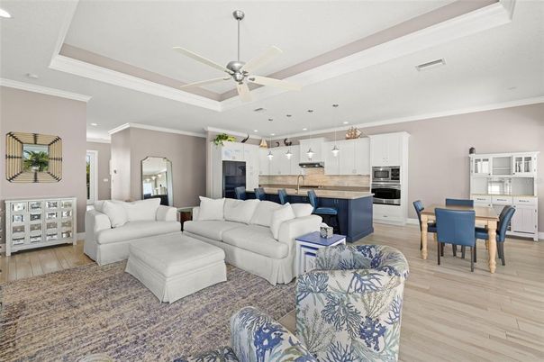 Dining room, Interior, Kitchen, Living room, Pendant Lights, Recessed Lighting, Stainless Steel Appliances, Wood Texture Flooring