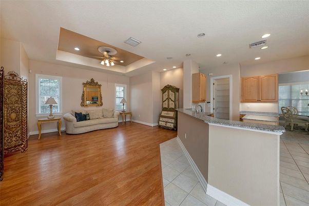 Chandelier, Dining room, Interior, Kitchen, Living room, Recessed Lighting, Wood Texture Flooring