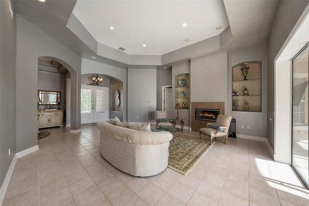 Chandelier, Fireplace, Interior, Living room, Recessed Lighting