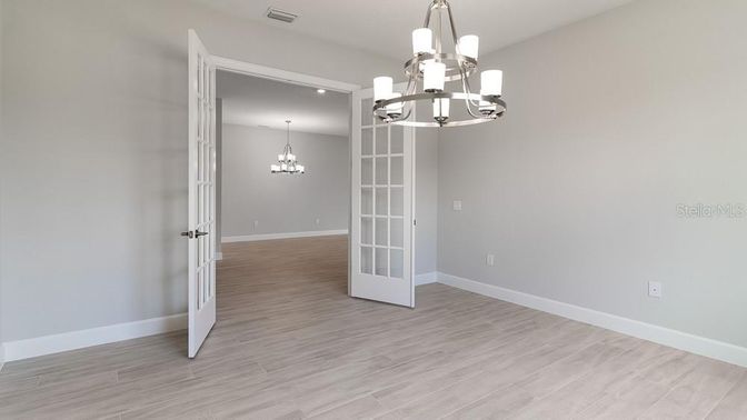 Chandelier, Empty room, Interior, Recessed Lighting, Wood Texture Flooring