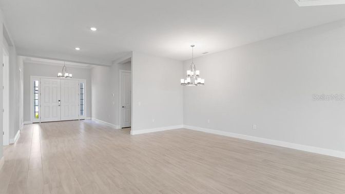 Chandelier, Empty room, Interior, Recessed Lighting, Wood Texture Flooring