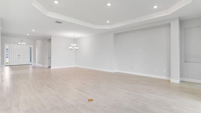 Chandelier, Empty room, Interior, Recessed Lighting, Wood Texture Flooring