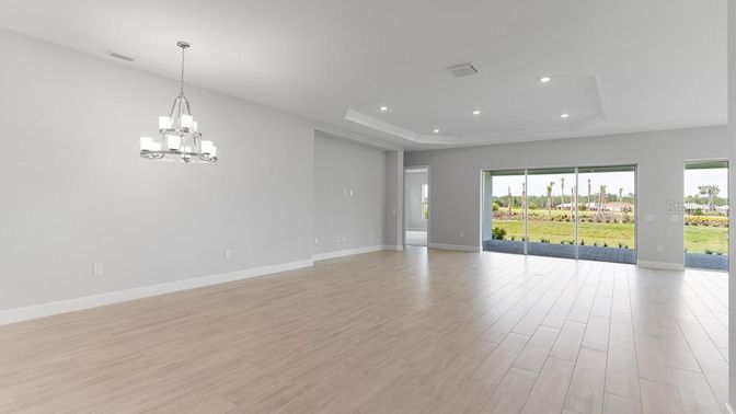 Chandelier, Empty room, Interior, Recessed Lighting, Wood Texture Flooring