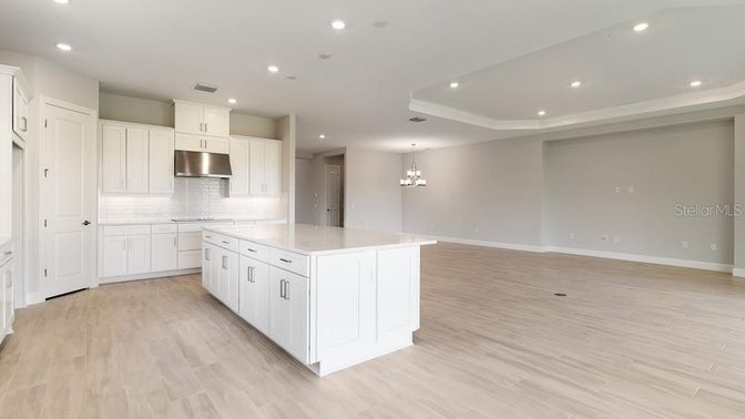 Chandelier, Interior, Kitchen, Recessed Lighting, Stainless Steel Appliances, Wood Texture Flooring