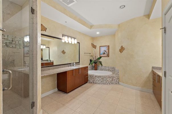 Bathroom, Dual Sink Vanities, Glass Shower, Interior, Recessed Lighting