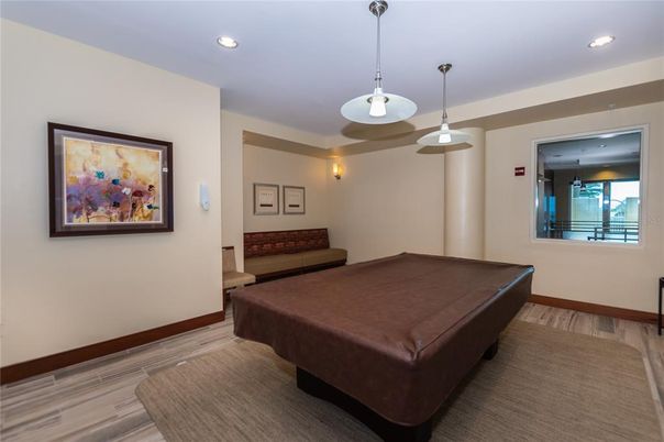Billiard Table, Game Room, Interior, Pendant Lights, Recessed Lighting, Wood Texture Flooring