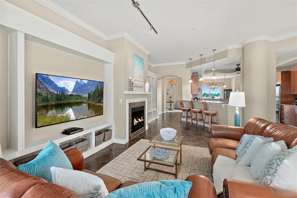 Dining room, Fireplace, Interior, Kitchen, Living room, Pendant Lights
