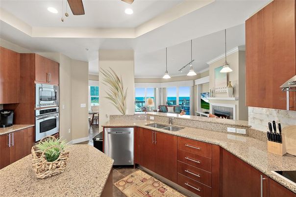 Fireplace, Interior, Kitchen, Pendant Lights, Recessed Lighting, Stainless Steel Appliances, Water