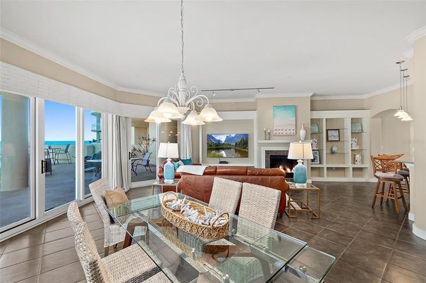 Dining room, Fireplace, Interior, Living room, Pendant Lights, Water