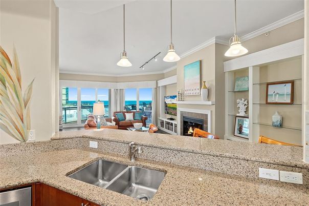 Fireplace, Interior, Living room, Pendant Lights, Water
