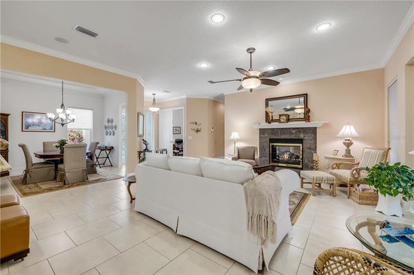 Chandelier, Dining room, Fireplace, Interior, Living room, Pendant Lights, Recessed Lighting