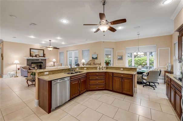 Dining room, Fireplace, Interior, Kitchen, Living room, Pendant Lights, Recessed Lighting