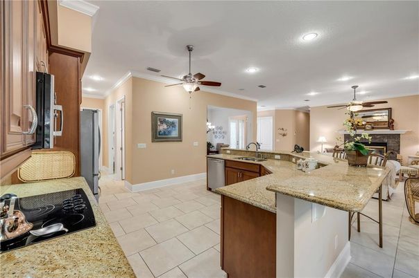 Dining room, Fireplace, Interior, Kitchen, Recessed Lighting