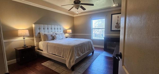 Bedroom, Interior, Recessed Lighting, Wood Texture Flooring
