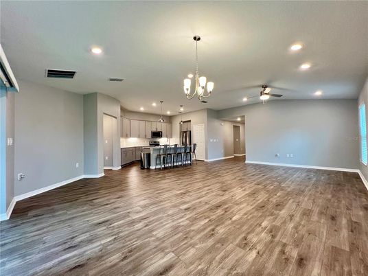 Chandelier, Empty room, Interior, Kitchen, Pendant Lights, Recessed Lighting, Wood Texture Flooring
