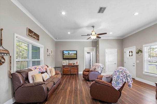 Interior, Living room, Recessed Lighting, Wood Texture Flooring