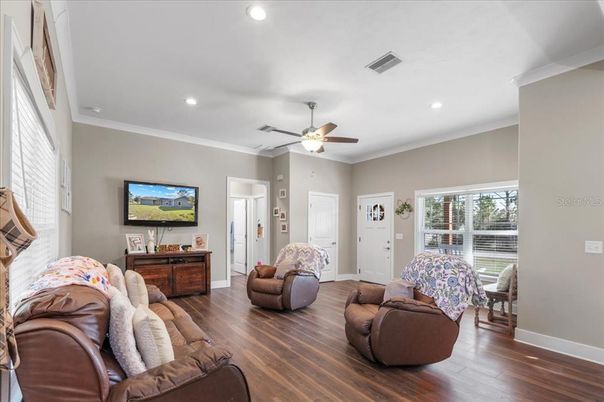 Interior, Living room, Recessed Lighting, Wood Texture Flooring