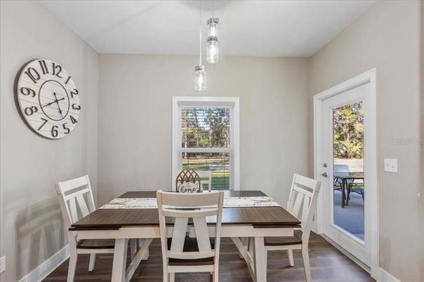 Dining room, Interior, Pendant Lights, Wood Texture Flooring