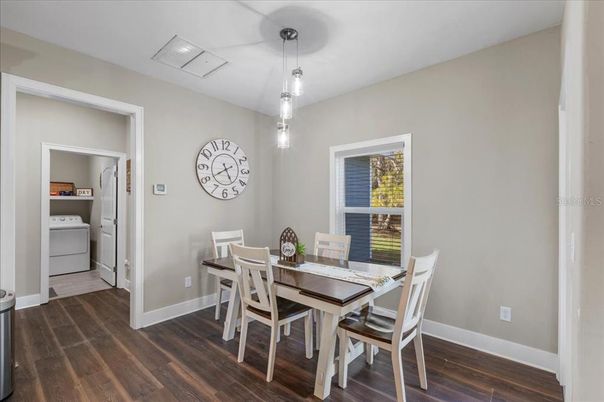 Dining room, Interior, Pendant Lights, Washer, Wood Texture Flooring