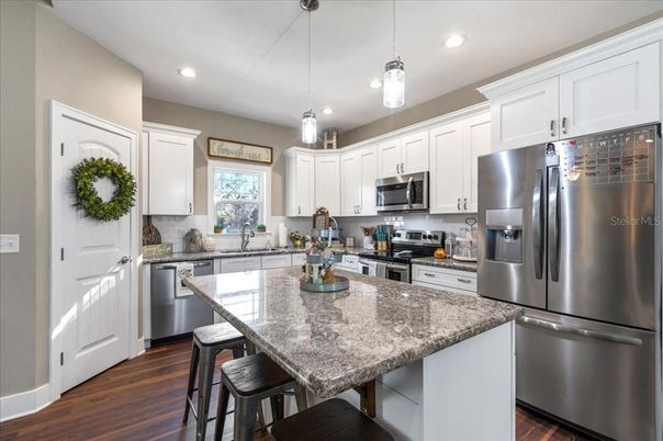 Interior, Kitchen, Pendant Lights, Recessed Lighting, Stainless Steel Appliances, Wood Texture Flooring