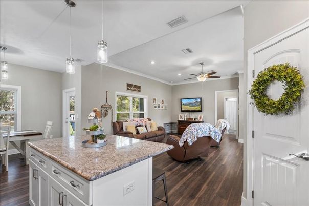 Dining room, Interior, Living room, Pendant Lights, Recessed Lighting, Wood Texture Flooring