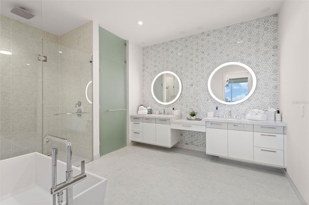 Bathroom, Dual Sink Vanities, Glass Shower, Interior, Recessed Lighting
