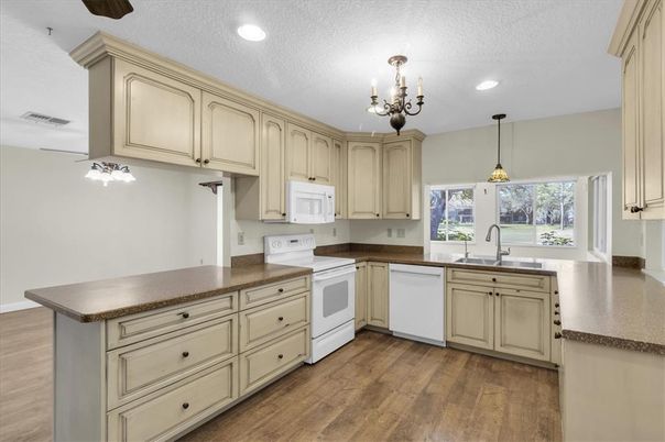 Chandelier, Interior, Kitchen, Pendant Lights, Recessed Lighting, Wood Texture Flooring