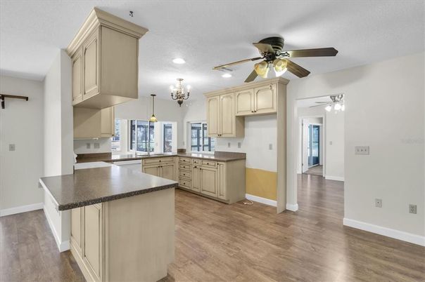 Chandelier, Interior, Kitchen, Pendant Lights, Recessed Lighting, Wood Texture Flooring