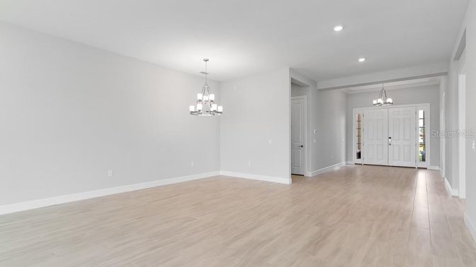 Chandelier, Empty room, Interior, Recessed Lighting, Wood Texture Flooring