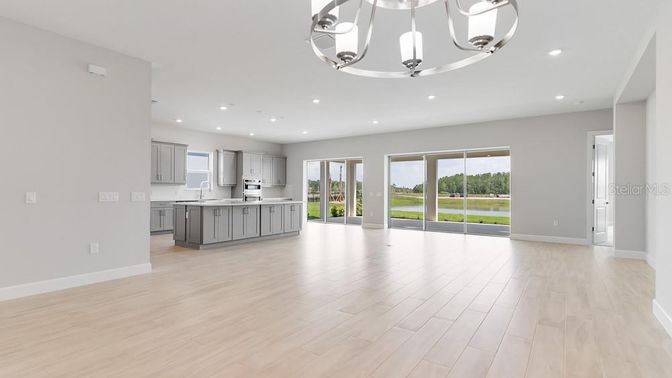 Chandelier, Interior, Kitchen, Recessed Lighting, Stainless Steel Appliances, Wood Texture Flooring