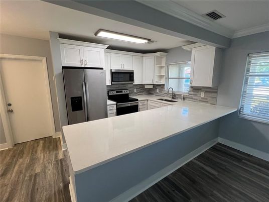 Interior, Kitchen, Stainless Steel Appliances, Wood Texture Flooring