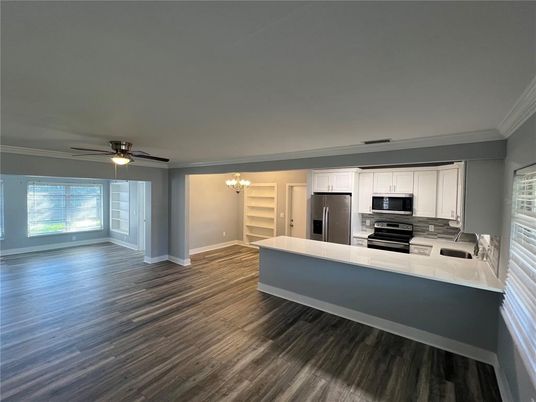 Chandelier, Interior, Kitchen, Stainless Steel Appliances, Wood Texture Flooring