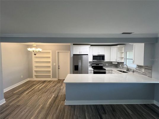 Chandelier, Interior, Kitchen, Stainless Steel Appliances, Wood Texture Flooring