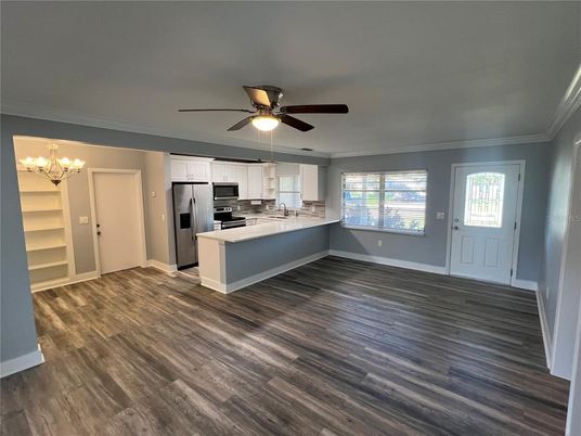 Chandelier, Empty room, Interior, Kitchen, Stainless Steel Appliances, Wood Texture Flooring