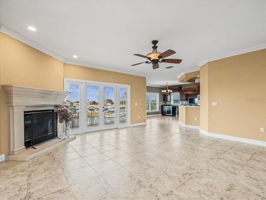 Chandelier, Empty room, Fireplace, Interior, Kitchen, Recessed Lighting