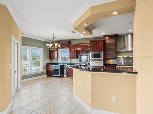 Chandelier, Interior, Kitchen, Recessed Lighting, Stainless Steel Appliances