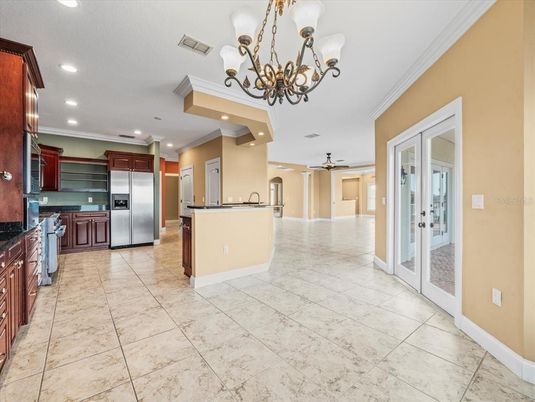 Chandelier, Interior, Kitchen, Recessed Lighting, Stainless Steel Appliances