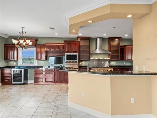 Chandelier, Interior, Kitchen, Recessed Lighting, Stainless Steel Appliances