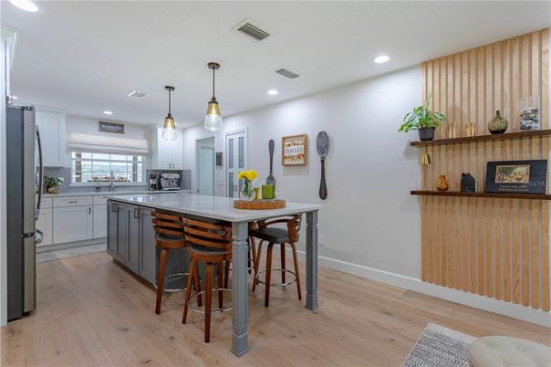 Interior, Kitchen, Pendant Lights, Recessed Lighting, Wood Texture Flooring