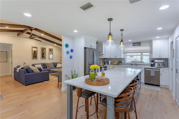 Interior, Kitchen, Living room, Pendant Lights, Recessed Lighting, Stainless Steel Appliances, Wooden Beams, Wood Texture Flooring