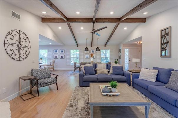 Dining room, Interior, Living room, Pendant Lights, Recessed Lighting, Wooden Beams, Wood Texture Flooring