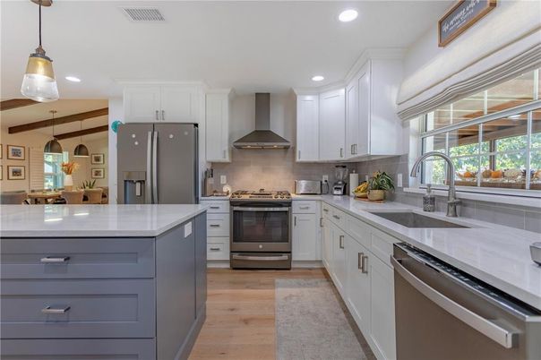 Interior, Kitchen, Pendant Lights, Recessed Lighting, Stainless Steel Appliances, Wooden Beams, Wood Texture Flooring