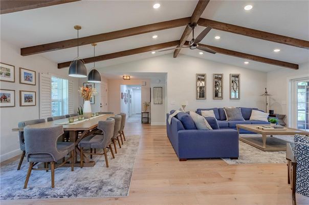 Dining room, Interior, Living room, Pendant Lights, Recessed Lighting, Wooden Beams, Wood Texture Flooring